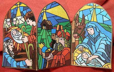 Stained Glass Xmas Nativity, Shaped Card by GWYNETH GEORGE
