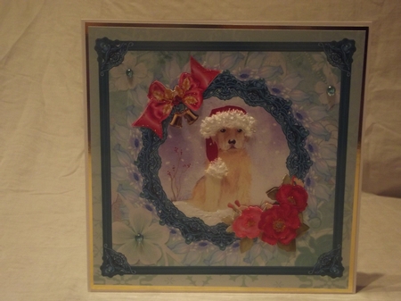 Santa Puppy 8x8 card topper with decoupage by Gwyneth Morley