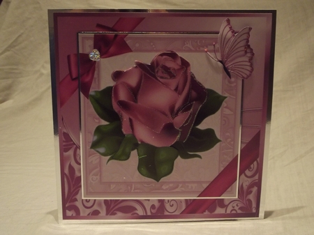 A single pretty pink rose with corner bow in ornate frame 8x8 by Gwyneth Morley