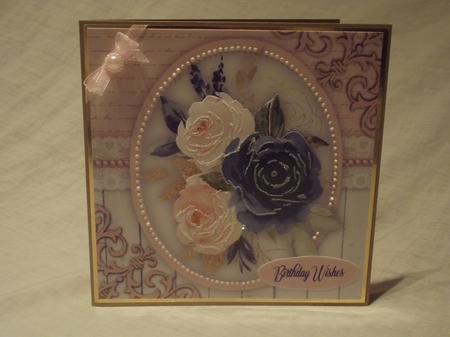Navy and Pink Roses  with Corner scroll by Gwyneth Morley
