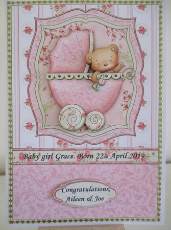 New Baby Girl Bear Pram Shabby Chic Topper & Decoupage by Hanne Rix