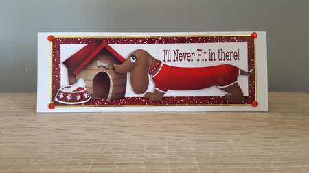 Cute Sausage Dog in Red with Kennel Dl Card by Hayley Griffiths