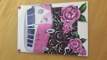 Lovely Splitscreen Pink Campervan with Roses Edge Card by Hayley Griffiths