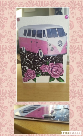 Lovely Splitscreen Pink Campervan with Roses Edge Card by Hayley Griffiths