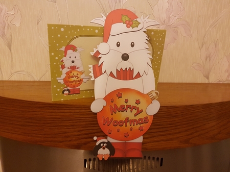 3D Christmas On the Shelf Card Kit - Cute Little Westie Dog has an Xmas Bauble with Greetings Sentiments Decoupage by Hayley Griffiths