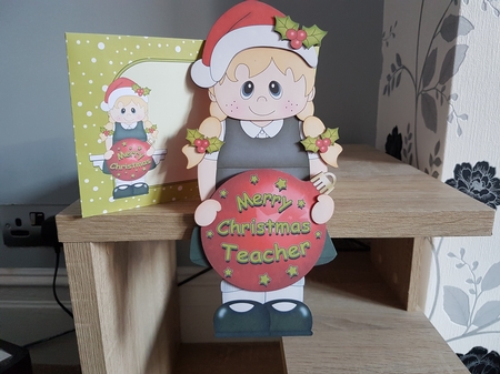3D Christmas On the Shelf Card Kit -  Little Christmas Schoolgirl has an Xmas Bauble with Greetings Sentiments by Hayley Griffiths