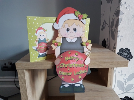 3D Christmas On the Shelf Card Kit -  Little Christmas Schoolgirl has an Xmas Bauble with Greetings Sentiments by Hayley Griffiths