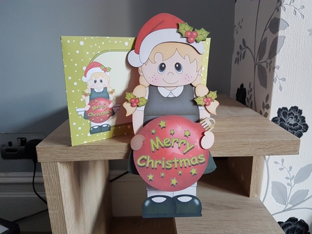 3D Christmas On the Shelf Card Kit -  Little Christmas Schoolgirl has an Xmas Bauble with Greetings Sentiments by Hayley Griffiths