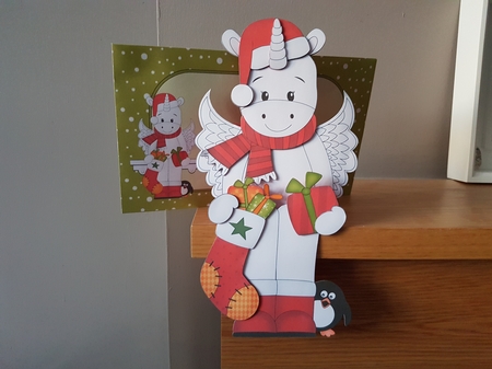 3D Christmas On the Shelf Card Kit - Cute Christmas Unicorn has an Xmas Stocking & Present by Hayley Griffiths