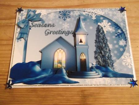 Seasons Greeting Church in Blue Card Front by Hayley Griffiths
