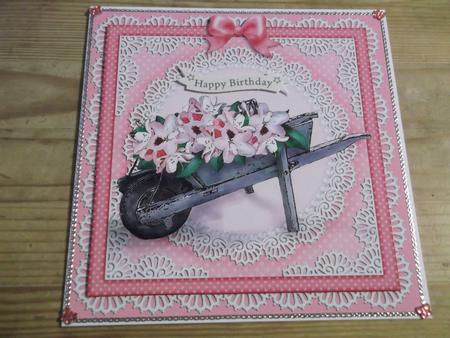 8 x 8 Flower Filled Wheelbarrow Scalloped Corner Topper by Hayley Griffiths
