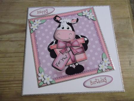 Milly Moo Cow's Present Quick Card N 3D Decoupage by Hayley Griffiths