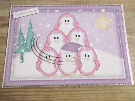 A5 Xmas Penguins Oval Pyramage Topper by Hayley Griffiths