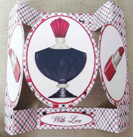 Lipstick and Perfume Oval Folded Pop Out Card by Hayley Griffiths