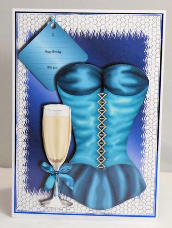Blue Corset and Champagne Glass Card Front by Hazel Pepper