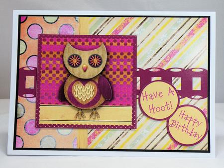 Hootie Owl Decoupage Card Front - Raspberry & Beige by Hazel Pepper