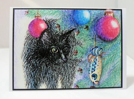 Black Cat Checking Out Christmas Tree Decorations by Hazel Pepper