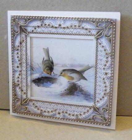 Christmas Feeding Robins Spiral Edge Stacker Card Front by Hazel Pepper