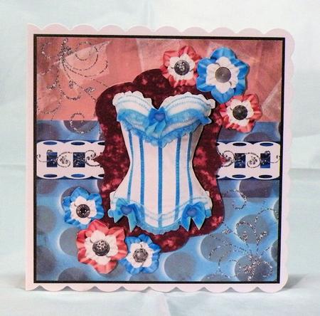 Frilly Corset 8x8 Decoupage Card - Sky Blue & Burgundy by Hazel Pepper