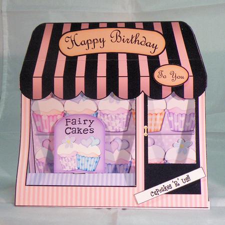 3D Cupcakes Shoppe Window Pop Up Card Decoupage N Envelope by Hazel Pepper
