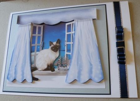 Purrfect Day Cat in Seaside Paradise Window A4 Card Front by Hazel Pepper