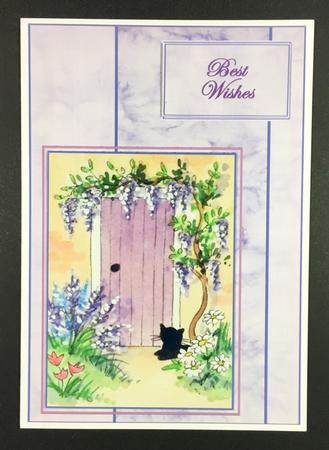 Cat by the Cottage Door Decoupage Card with Sentiments by Hazel Pepper
