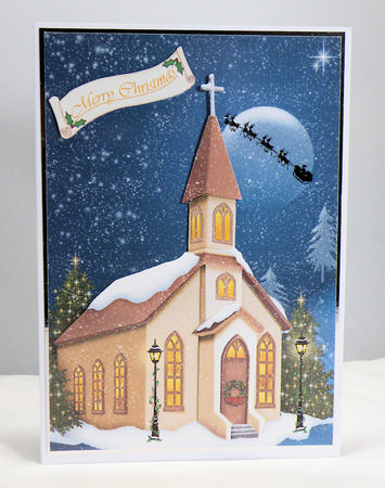 Moonlit Church on Christmas Eve Decoupage Card Front by Hazel Pepper