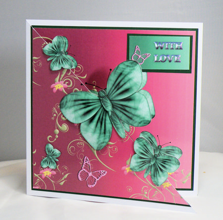 Pink and Green Butterflies Diagonal Over the Edge Card by Hazel Pepper