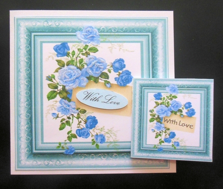 3 Blue framed roses card fronts/toppers by Hazel Sumner