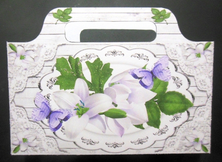 Pretty tote  bag with white lilies, lace and paper lilac butterflies by Hazel Sumner
