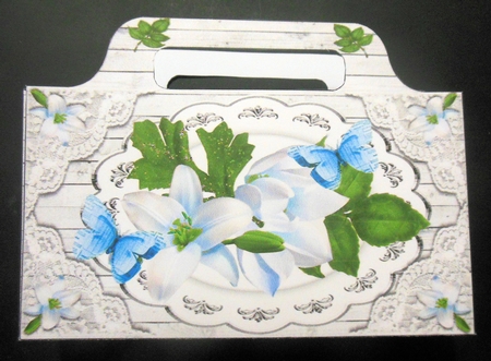 Pretty tote  bag with white lilies, lace and paper blue butterflies by Hazel Sumner