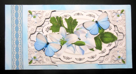 Pretty tote  bag with white lilies, lace and paper blue butterflies by Hazel Sumner