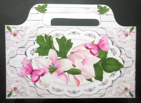Pretty tote  bag with white lilies, lace and paper pink butterflies by Hazel Sumner