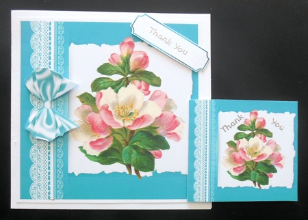 Pretty lace, turq bow abstract 7x7 card front with flowers by Hazel Sumner