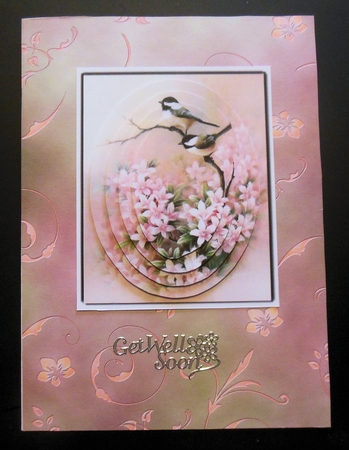 pretty birds on a branch pink flowers oval pyramids by Hazel Sumner