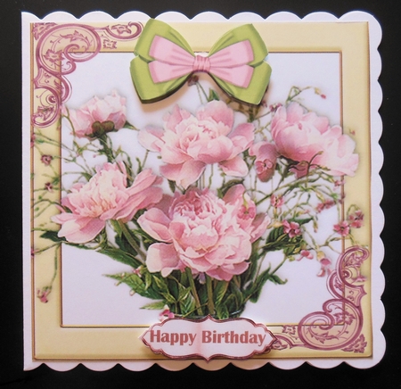 Pretty pink peonies with bow and lace 8x8 by Hazel Sumner