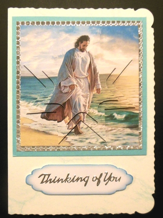 Jesus walking in the blue  sea, star pyramids with poinsettias by Hazel Sumner