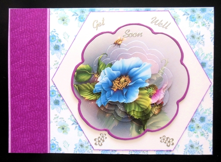 Blue flower and thistle scallop shaped card by Hazel Sumner