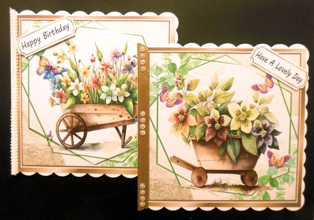  4 Pretty flowers in a wheel barrows and butterflies 8x8 Mini kit by Hazel Sumner