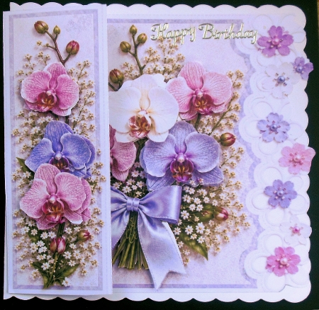 Elegant Orchid Bouquet Tri‑Fold Lace Card Topper by Hazel Sumner