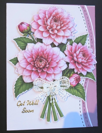 Beautiful Pink Dahlia Bouquet Card Kit with Floral Decoupage and Sentiment Tags by Hazel Sumner