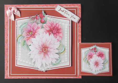 Beautiful Pink Dalhias on Boarder Lace  by Hazel Sumner