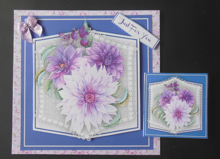 Beautiful Lilac Dalhias on Boarder Lace  by Hazel Sumner