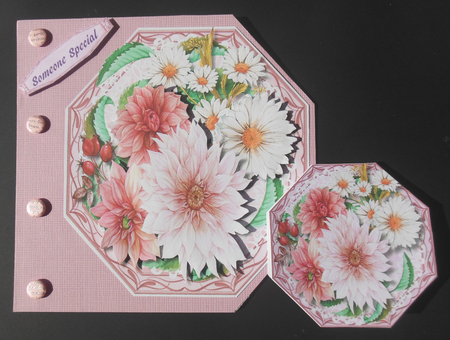 Dahlias and Daisys in a Pink Octagonal Mat  by Hazel Sumner