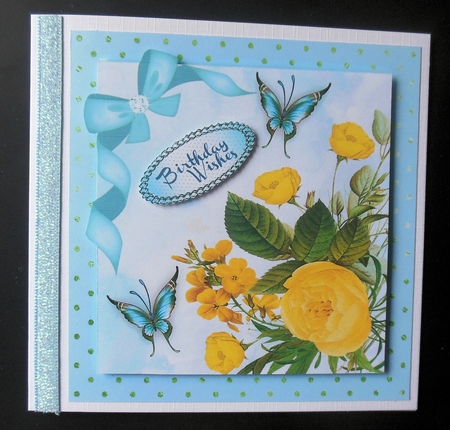 Yellow  Roses and Aqua Butterflys  by Hazel Sumner