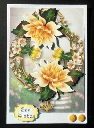 Yellow Dahlias On Golden Frame A5 by Hazel Sumner