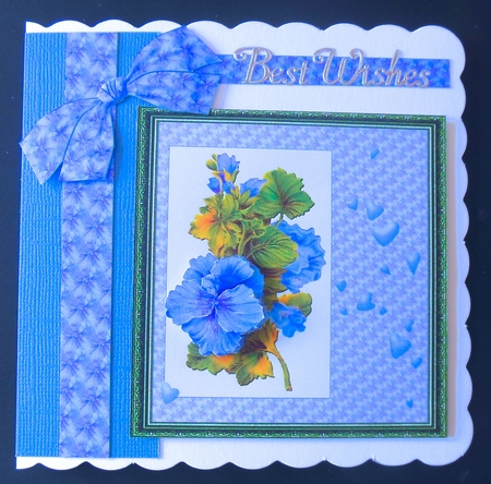 Pretty geranium decoupage with ribbons and bows - blue by Hazel Sumner