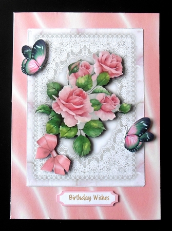 Beautiful Pink french Roses on lace  by Hazel Sumner