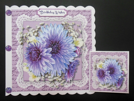 Beautiful Lilac Chrysanthemums on  lace  by Hazel Sumner