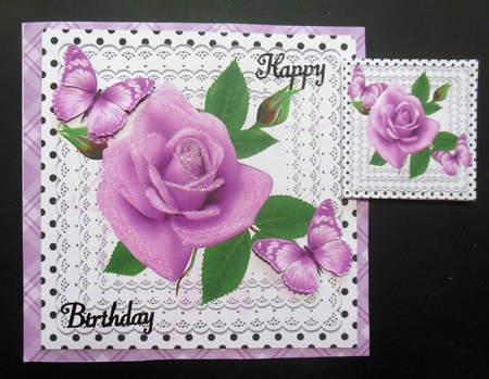 pretty pink roses on lace with butterflies and black polkadot 8x8 by Hazel Sumner